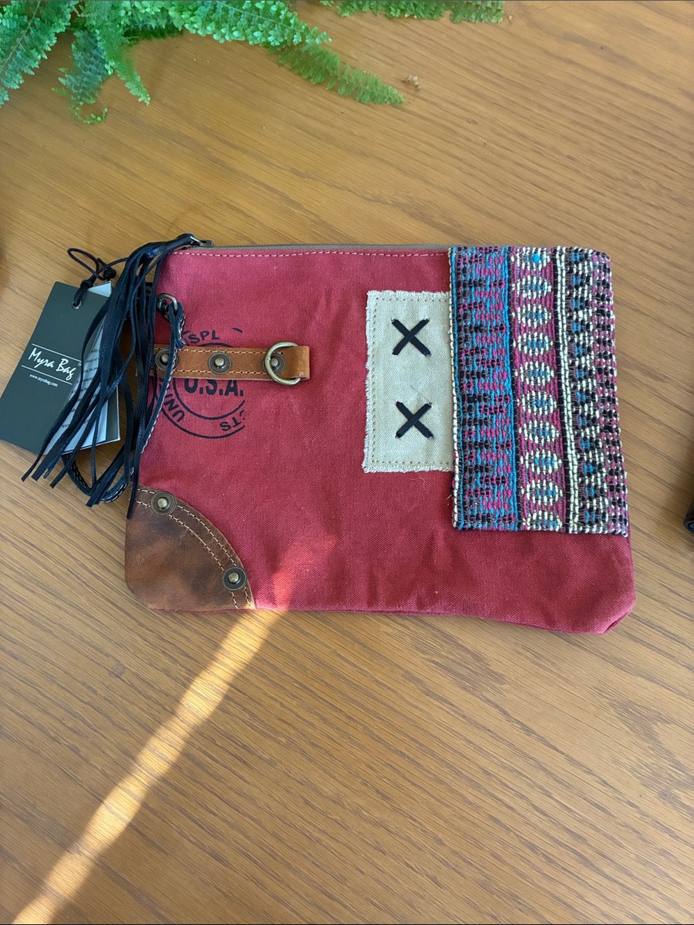 Myra Bag Canvas Wristlet Clutch in Deep Red with Woven Accent NWT